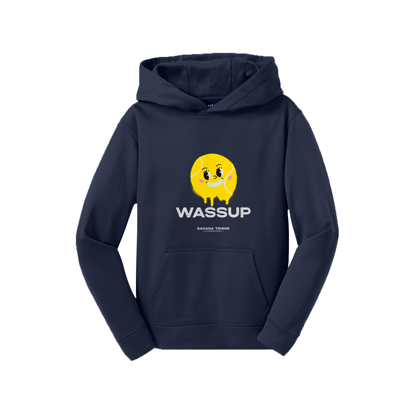 Navy blue hoodie with a yellow character and 'WASSUP' text on a white background