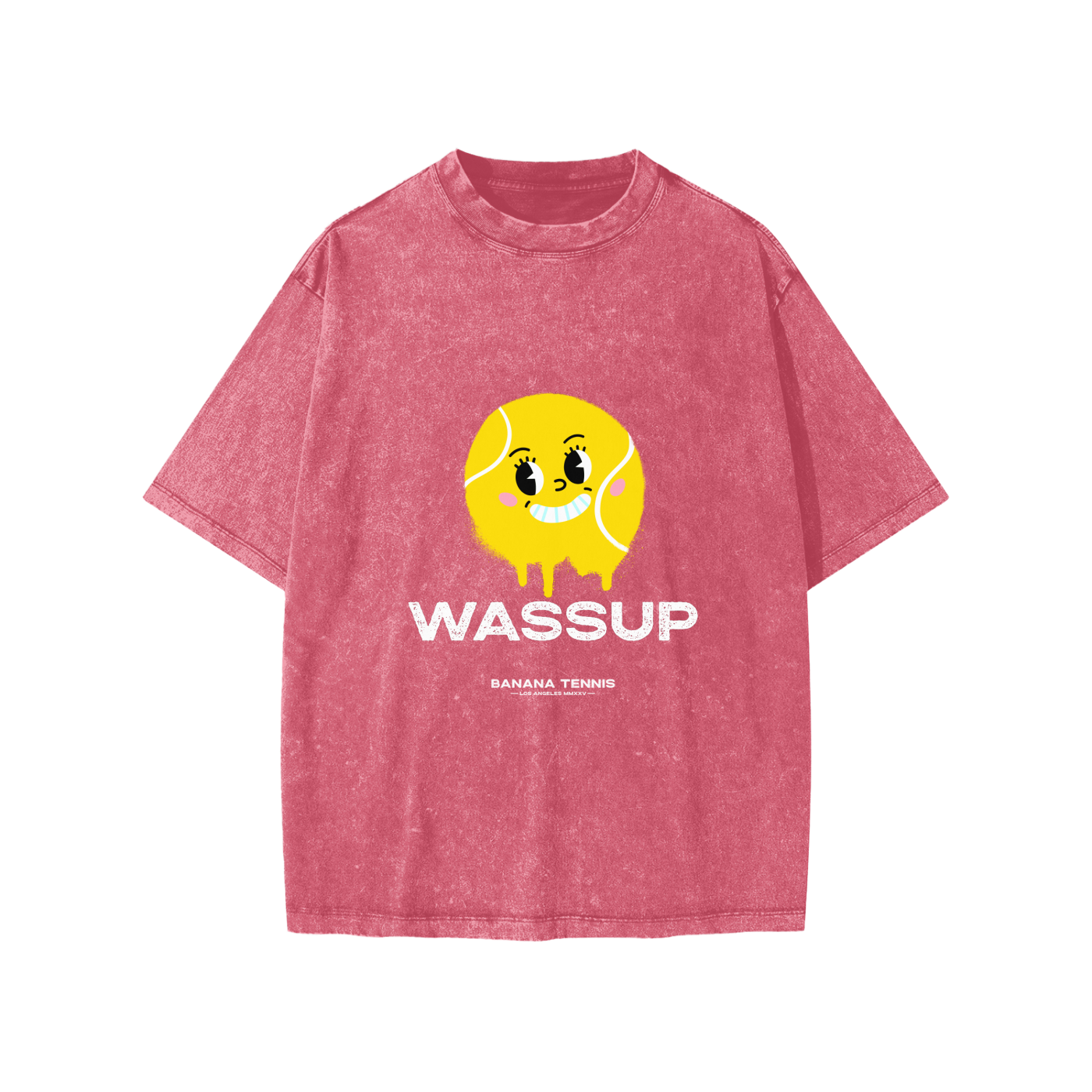 Pink t-shirt with a tennis ball character and 'WASSUP' white text