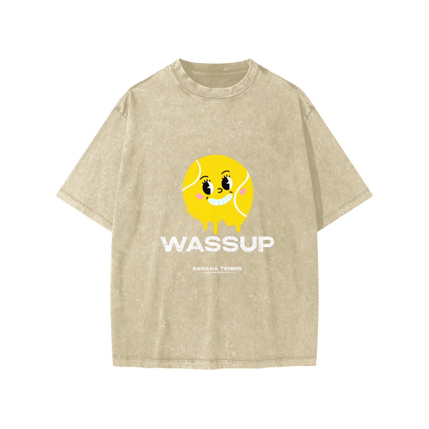 Beige t-shirt with a tennis ball character and 'WASSUP' white text