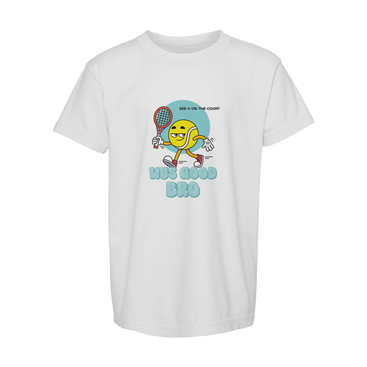 White youth t-shirt with 'WUS GOOD BRO' text and animated tennis ball graphic in blue cap and sunglasses, holding tennis racquet